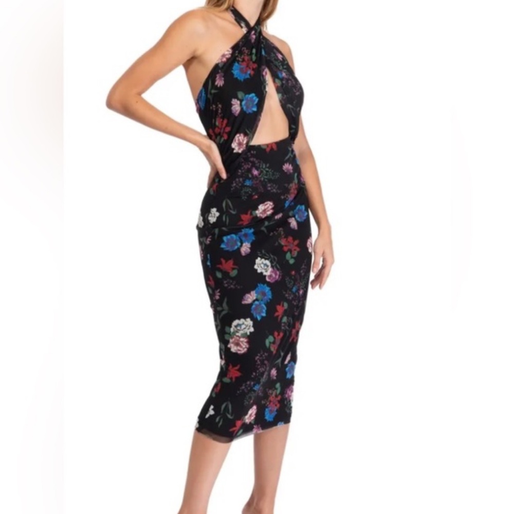 AFRM Black Midi Dress with Multicolor Floral Print